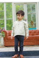 Green Striped Linen Shirt with Hoodie