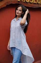 Free Size Blue Striped Mulmul Long Shirt