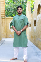Olive Green Linen Designer Kurta