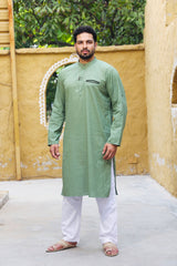 Olive Green Linen Designer Kurta