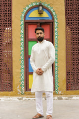 White Dobby Multicolor Cotton Kurta