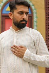 White Dobby Multicolor Cotton Kurta