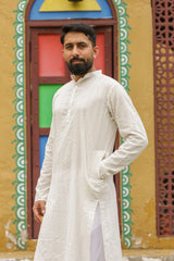 White Dobby Multicolor Cotton Kurta