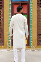 White Dobby Multicolor Cotton Kurta