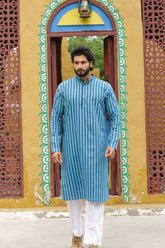 Blue 4D Striped Linen Kurta