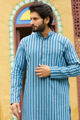 Blue 4D Striped Linen Kurta