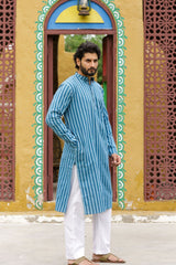 Blue 4D Striped Linen Kurta