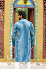Blue 4D Striped Linen Kurta