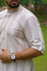 Red Striped Linen Short Kurta Shirt