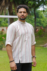 Red Striped Linen Short Kurta Shirt