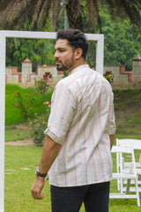 Red Striped Linen Short Kurta Shirt