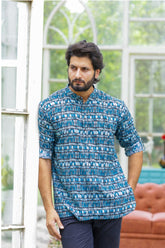 Blue Screen Printed Cotton Short Kurta