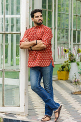 Red Handblock Printed Mulmul Short Kurta