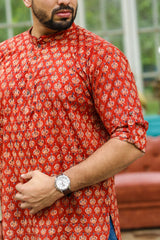 Red Handblock Printed Mulmul Short Kurta