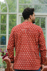 Red Handblock Printed Mulmul Short Kurta