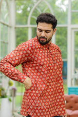 Red Handblock Printed Mulmul Short Kurta