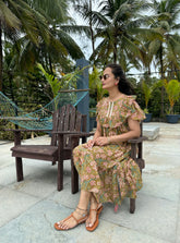 Olive Green Floral Mulmul Cotton Dress