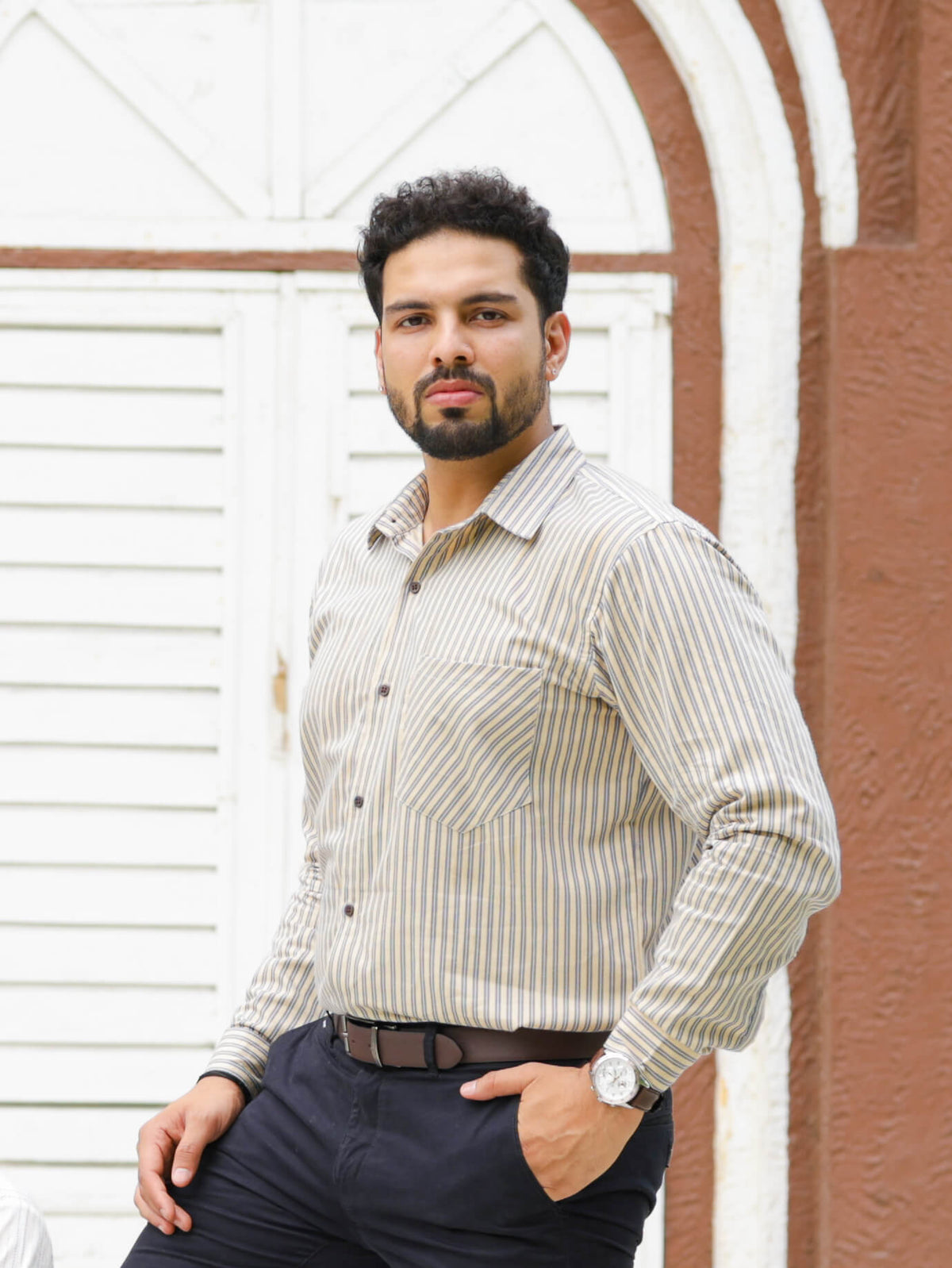 Beige 4D Stripes Cotton Shirt