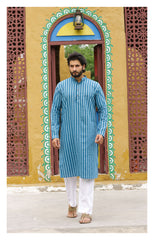 Blue 4D Stripes Cotton Linen Kurta