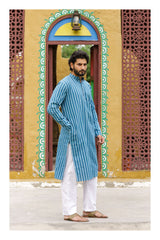 Blue 4D Stripes Cotton Linen Kurta