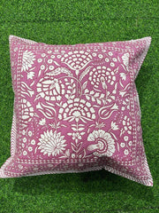 Ihbrus Pink Flower Printed Cotton Handblock Cushion Cover Set - 16" x 16" (Pack of 5)